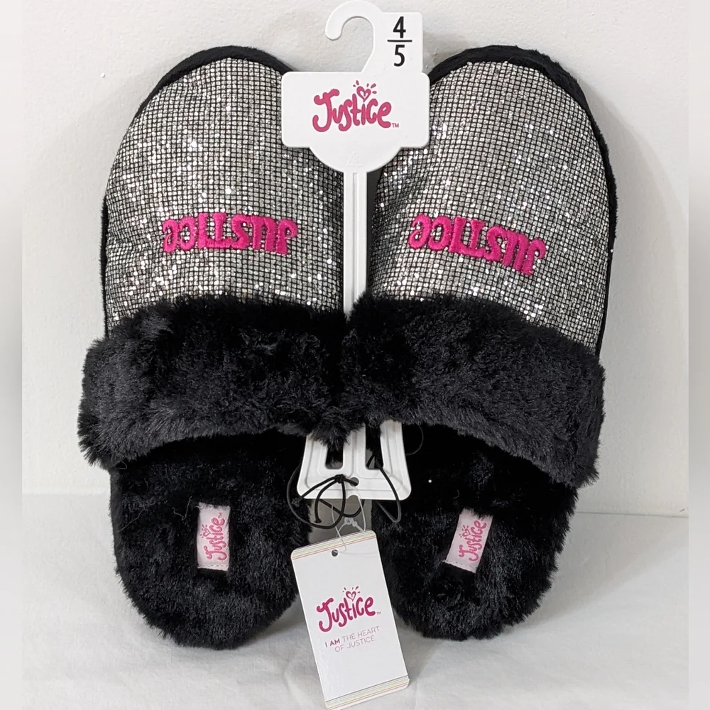 Justice Girls Black Sparkly Scuff Slip On Slippers, Size 4/5, New With Tag